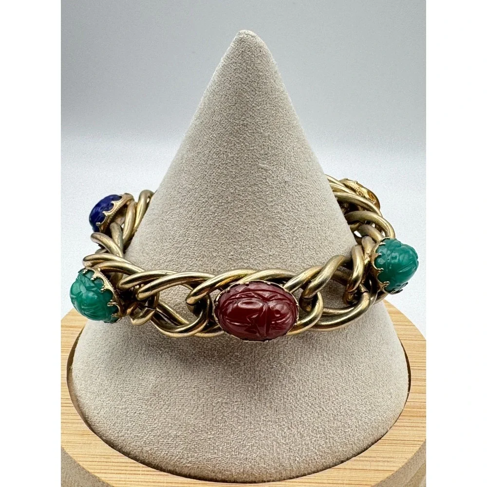 Vtg Kafin NY Scarab Bracelet Multi Stone Carved Beetle Double Chain MCM Egyptian